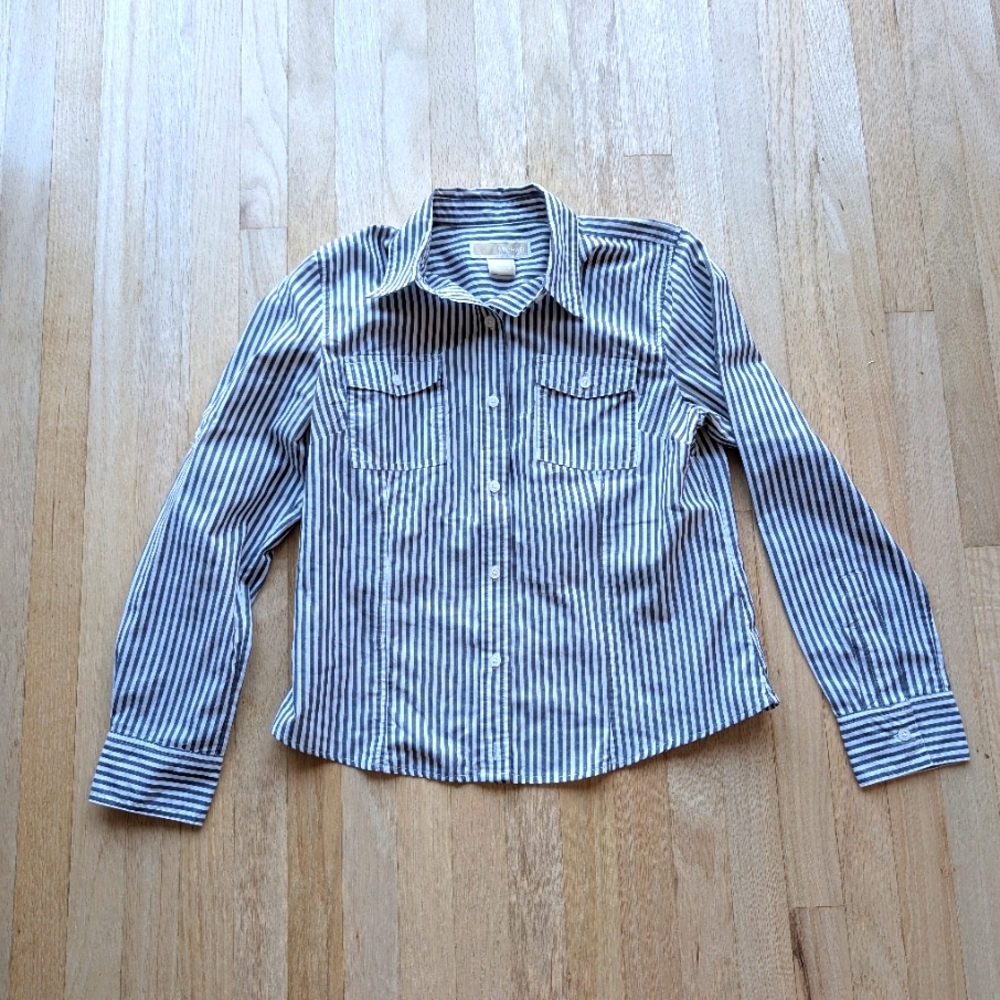 Michael Kors Blue and White Striped Button-Up Shirt (Size Petite Medium)